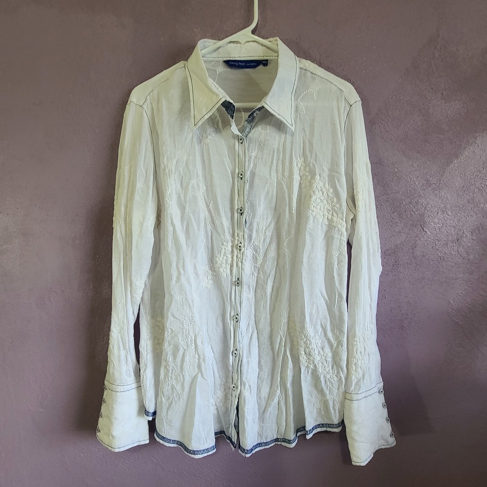 Georg Roth Button Down Women XXL White Embroidered Sequin Pearl Button Shirt
